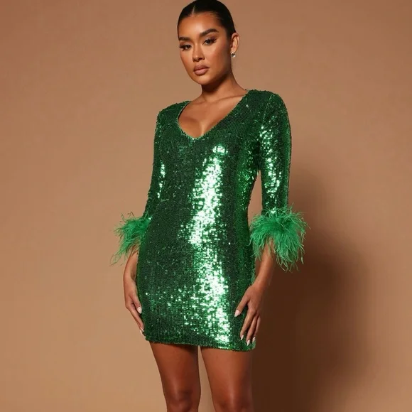 Fashion Nova | Dresses | Sequin Green Feather Fashion Nova Luxe Dress Brand  New Unworn | Poshmark